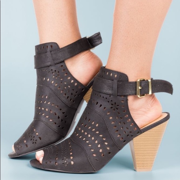 Black Laser Cut Slingback Mule Bootie - Picture 2 of 4